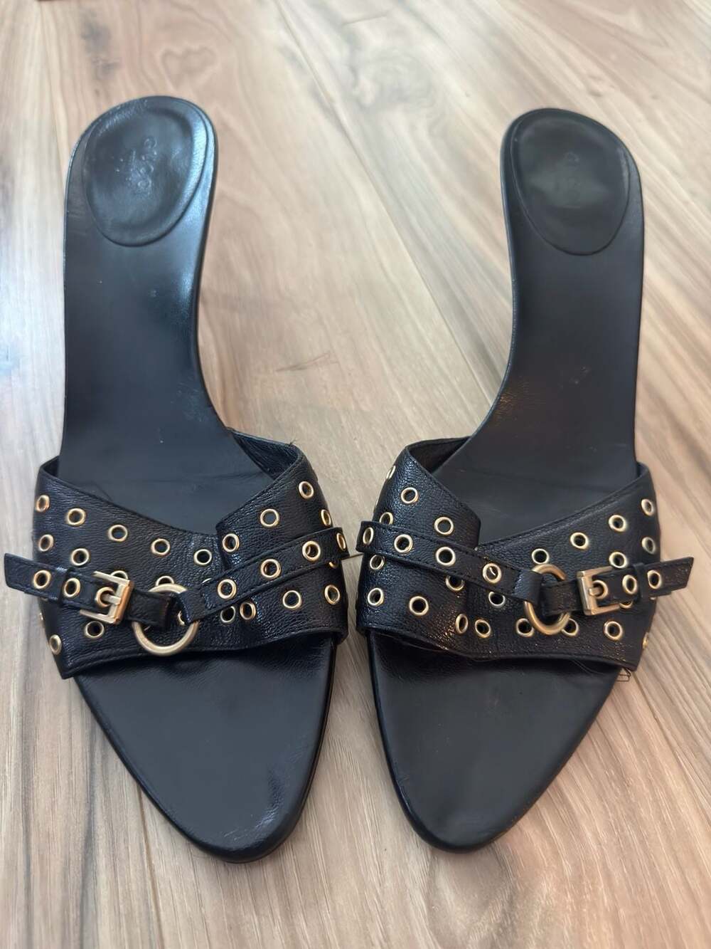 Gucci Vintage Black Leather Grommet Studded Kitten Heel Slide Mules - Picture 2 of 7